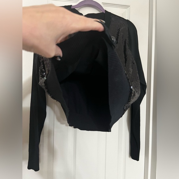 Black Sequins Soft Knit Long Sleeves Button Front Crew Neck Cardigan Sweater. - Picture 7 of 10